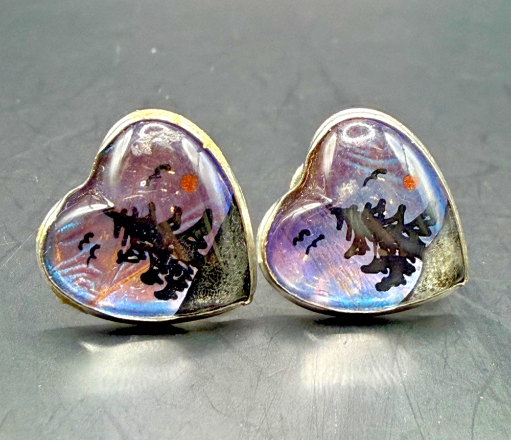 Vintage Morpho Butterfly Wing Heart Screw Back Earrings Fir Tree Scene